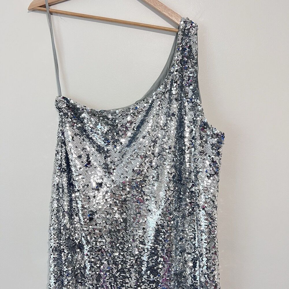 Anthropologie Maeve One-Shoulder Silver Sequin Maxi Dress XL Glam Party Cocktail - Picture 3 of 11